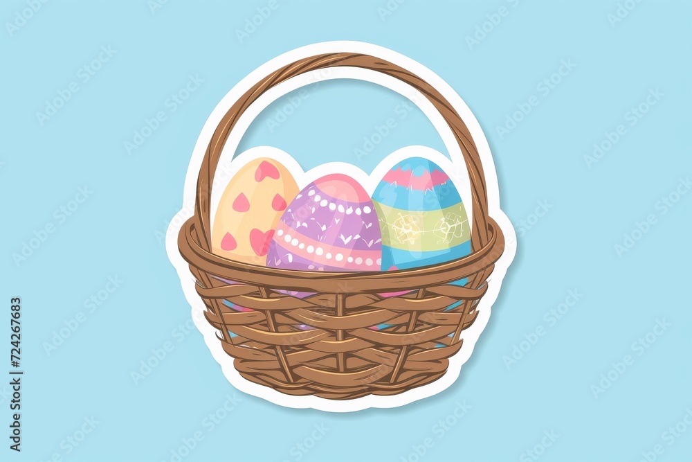 A rustic wicker hamper brimming with colorful easter eggs, ready to be shared on a sunny picnic day A rustic wicker hamper brimming with colorful easter eggs, ready to be shared on a sunny picnic day