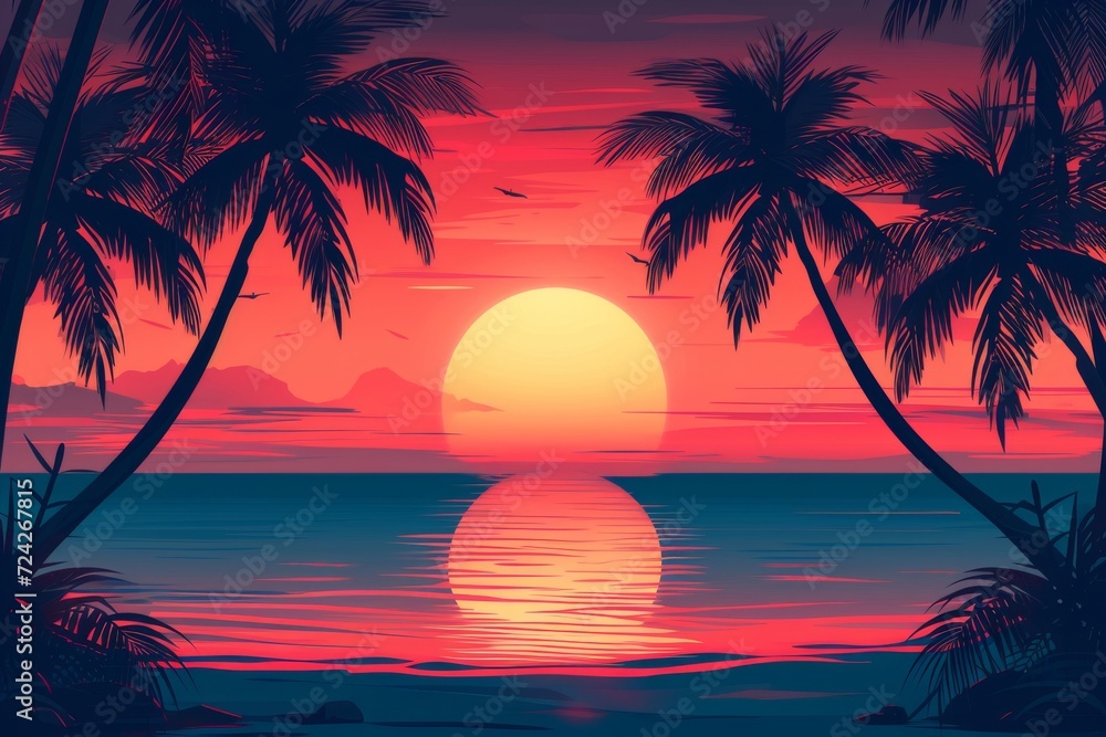 A tranquil evening on a tropical beach, with palm trees silhouetted against a fiery sunset over the calm ocean waters