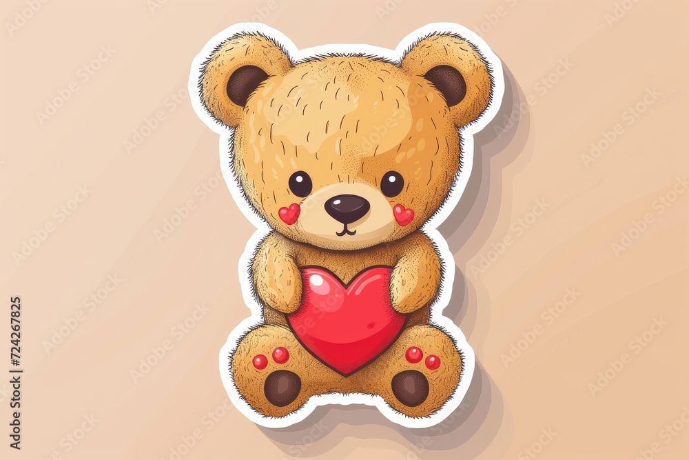 Fototapeta premium A lovable teddy bear holds a heart, symbolizing its affection and charm in this endearing cartoon clipart