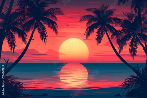 A tranquil evening on a tropical beach  with palm trees silhouetted against a fiery sunset over the calm ocean waters