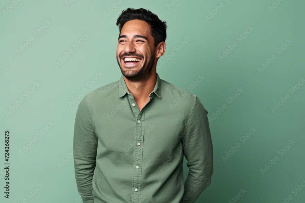 Portrait of a happy young asian man laughing on green background Portrait of a happy young asian man laughing on green background