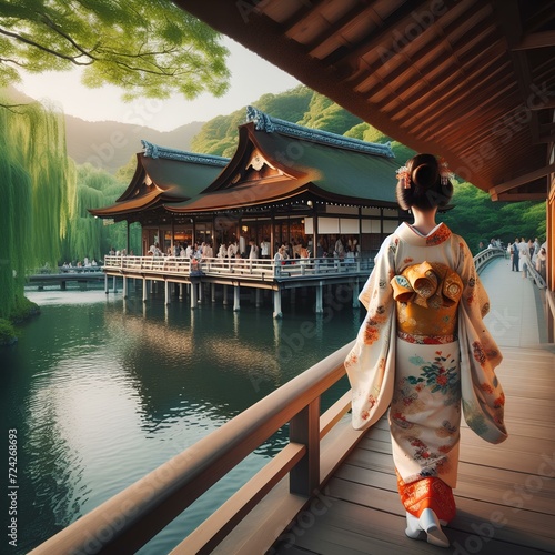  京都の水路閣を散策する和服の女性