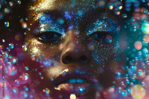 Close-up portrait of a beautiful woman with sparkles on her face