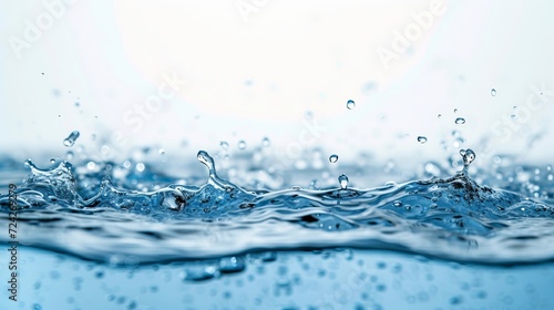 Blue water wave splash and drops isolated on white background, abstract water design
