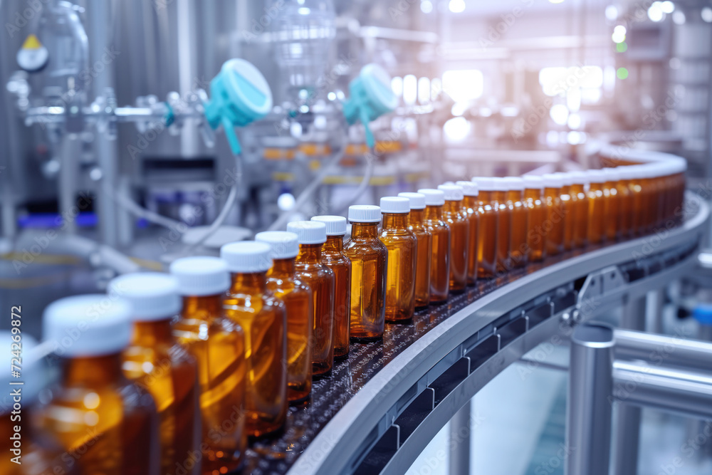Fototapeta premium Manufacturing of pharmaceuticals glass bottles filled with liquid on automatic conveyor system AI Generation
