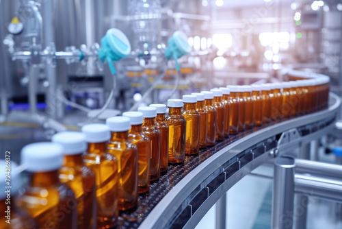Manufacturing of pharmaceuticals glass bottles filled with liquid on automatic conveyor system AI Generation