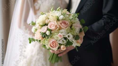 bride and groom with a bouquet of light rose and white color flowers 