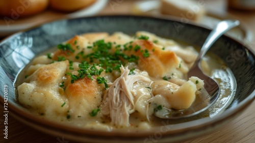 chicken and dumplings spooned on a plate 