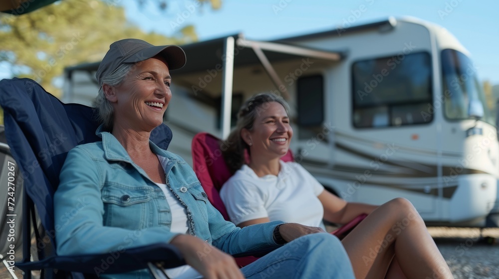 close up of mature couple sitting next to their RV, 