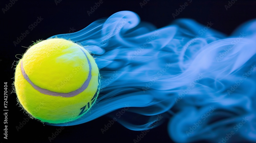 Vibrant tennis ball emerging from black background with mesmerizing colorful smoke trail.