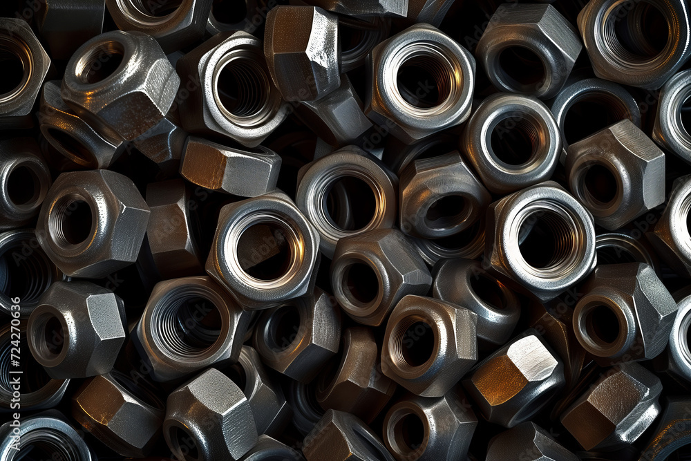 Close-Up Texture of Steel Nuts, Industrial Hardware Assembly Close-Up Texture of Steel Nuts, Industrial Hardware Assembly