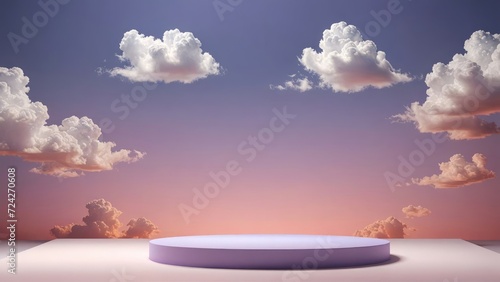Daytime scene with an empty violet platform, 3D rendered under volumetric soft lighting, set in front of round clouds on a pastel purple background © Oleg