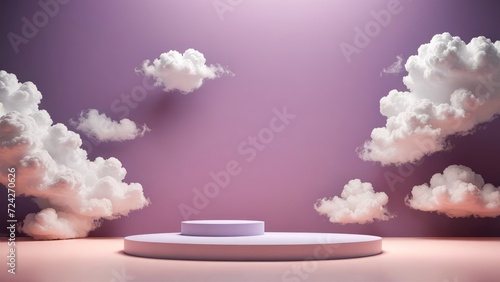 Daytime scene with an empty violet platform  3D rendered under volumetric soft lighting  set in front of round clouds on a pastel purple background