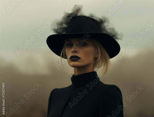 portrait of a woman with a black hat and black lipstick.Minimal fashion concept.Copy space,top view.Generative AI