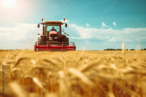 Modern Harvester Machine Working in Golden Wheat Field