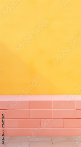 peachy brick wall combined with a portion of a wall painted in yellow.Trendy social mockup or wallpaper with copy space.Top view.Generative AI © sunaiart