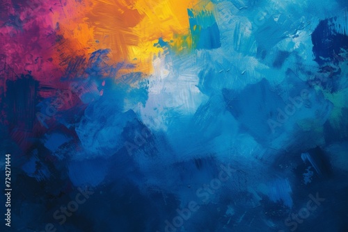 Colorful abstract painting with broad strokes of blue, red, and yellow.