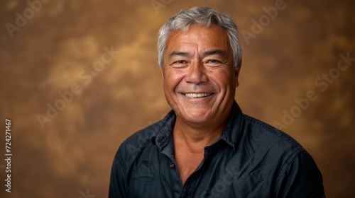 handsome over 60 years old hispanic man, smiling in front of a golden brown background  photo