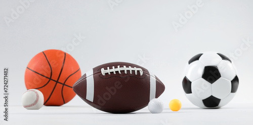 Many different sports balls on light gray background  space for text. Banner design