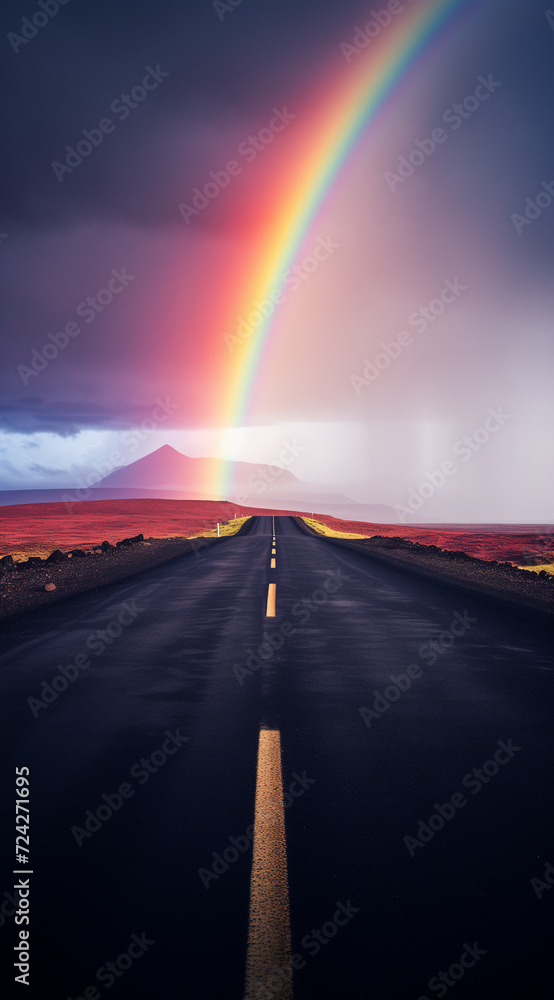 rainbow over the highway.Minimal creative nature and travel concept.Top view,copy space.Generative AI