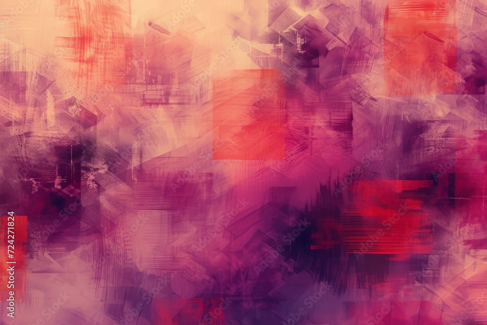 A textured abstract image with shades of pink and red overlaid with geometric shapes.