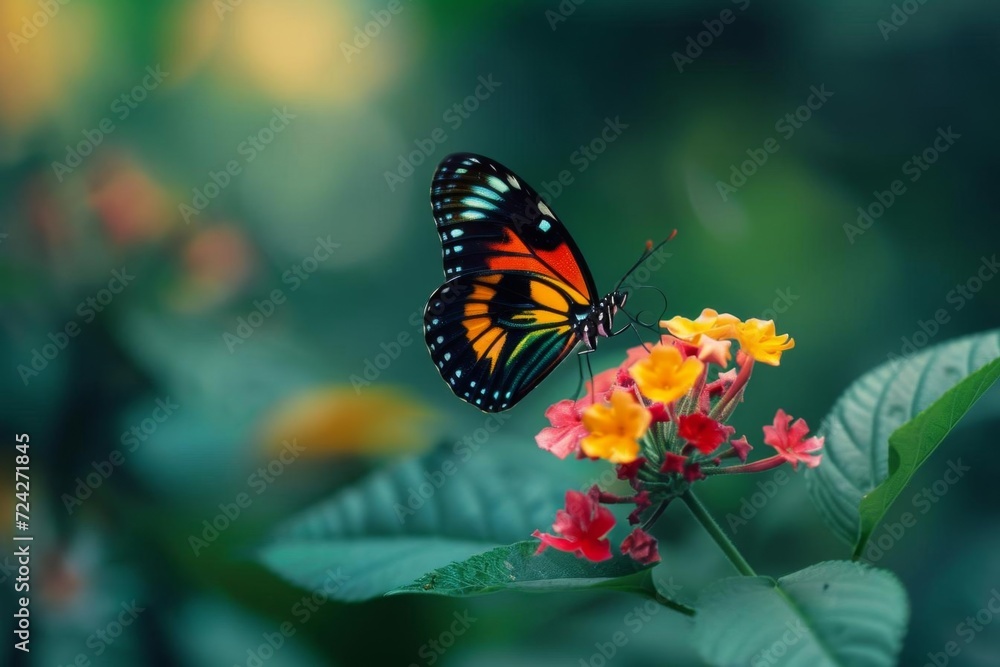 Fototapeta premium A brightly colored butterfly perched on a delicate flower