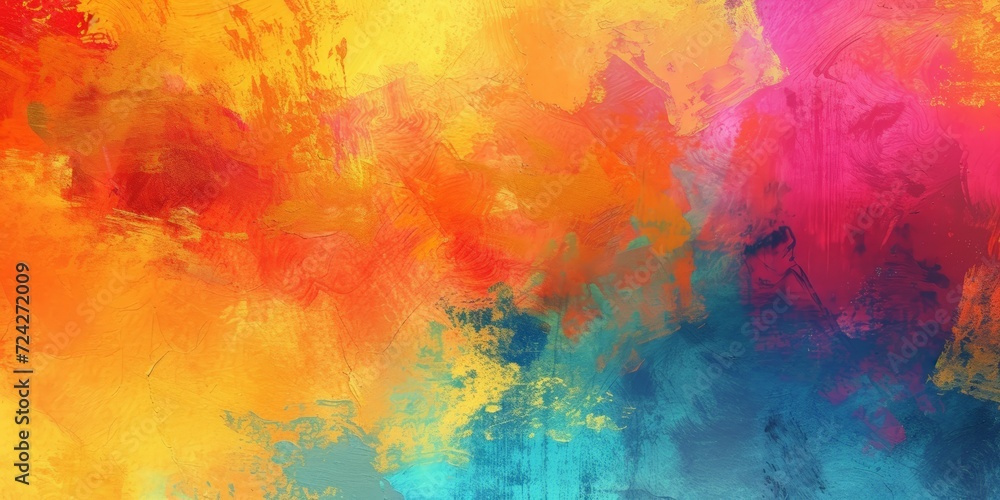 Warm abstract painting with fiery orange, yellow, and cool blue strokes and splashes.
