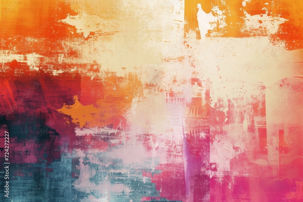 Bold abstract canvas with a fiery blend of orange, pink, and blue brush strokes and splatters.