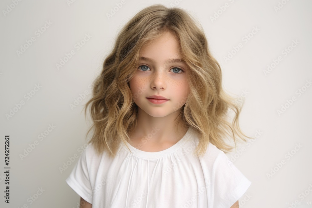 Portrait of a beautiful little girl with long blond hair in a white T-shirt Portrait of a beautiful little girl with long blond hair in a white T-shirt