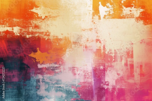 Bold abstract canvas with a fiery blend of orange, pink, and blue brush strokes and splatters.