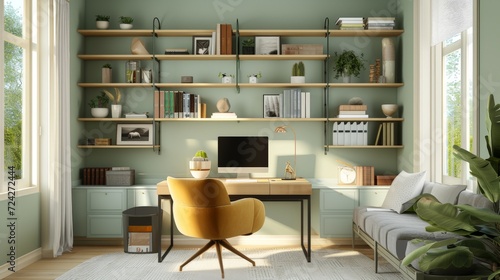 sage yellow and amber home office with shelves and a desk, in the style of light gray and light gold © Barbara Taylor