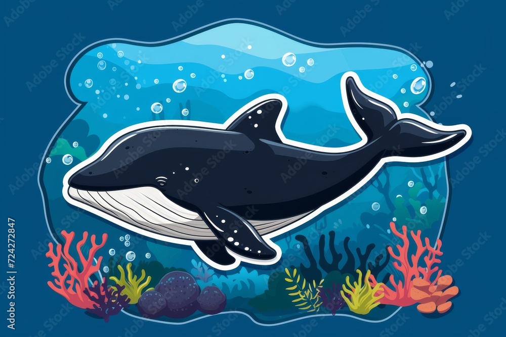 Obraz premium A majestic whale gracefully glides through the crystal clear waters of the reef, accompanied by playful dolphins and other marine mammals, showcasing the beauty and wonder of aquatic life