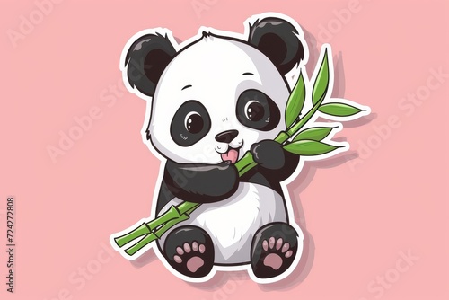 Whimsical cartoon-style illustration of a lovable panda bear playfully holding a bamboo stick  perfect for adding a touch of cuteness to any surface with a sticker