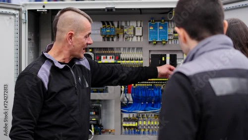 Electric engineer giving educational training class. Man showing electrical panel to factory employees