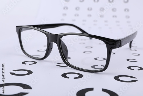 Vision test chart and glasses on white background, closeup