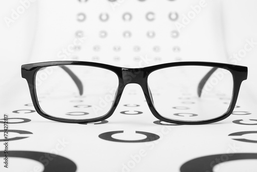 Vision test chart and glasses on white background, closeup photo