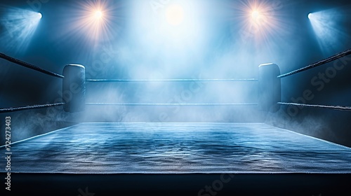 Deserted professional boxing ring in a spacious arena, waiting for action to commence © Ilja