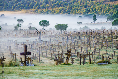 Sad Hill Cemetery in Burgos Spain. Tourist site, film location where the last sequence of the western film The Good, the Bad and the Ugly was filmed. Aerial view photo