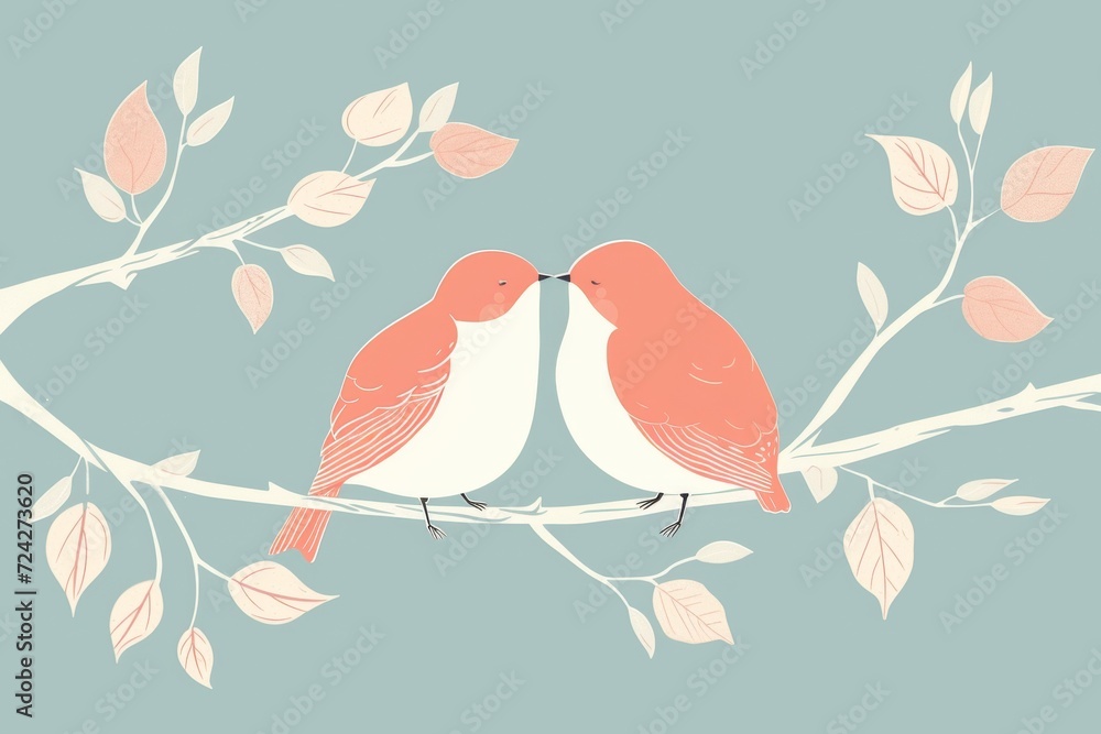 An intricate illustration of two birds perched on a branch, capturing the delicate beauty and graceful nature of these majestic animals