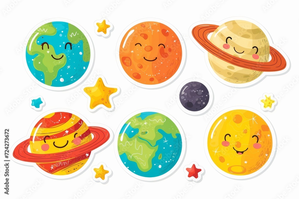 Whimsical worlds collide in this charming collection of childlike illustrations featuring colorful cartoon planets Whimsical worlds collide in this charming collection of childlike illustrations featuring colorful cartoon planets