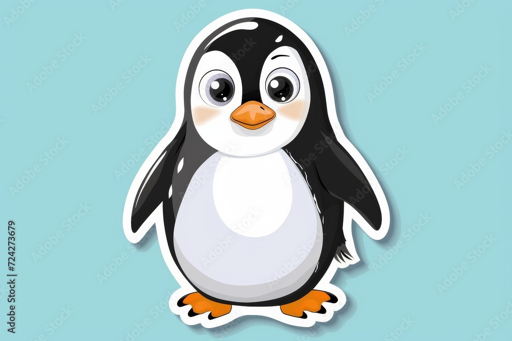 Fototapeta premium Playful penguin waddles through a serene blue world, his flightless wings and sharp beak adding to his charming cartoon appeal