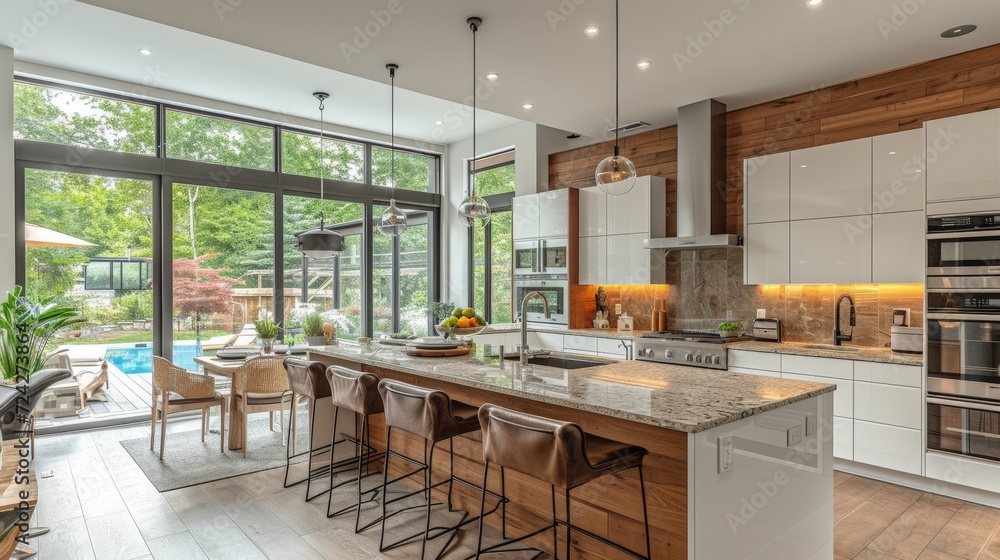 modern open kitchen, white cabinets and marble counters, large window to patio