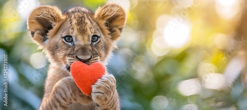 Cute lion cub with heart shaped gift on magical defocused background for valentine s day photo