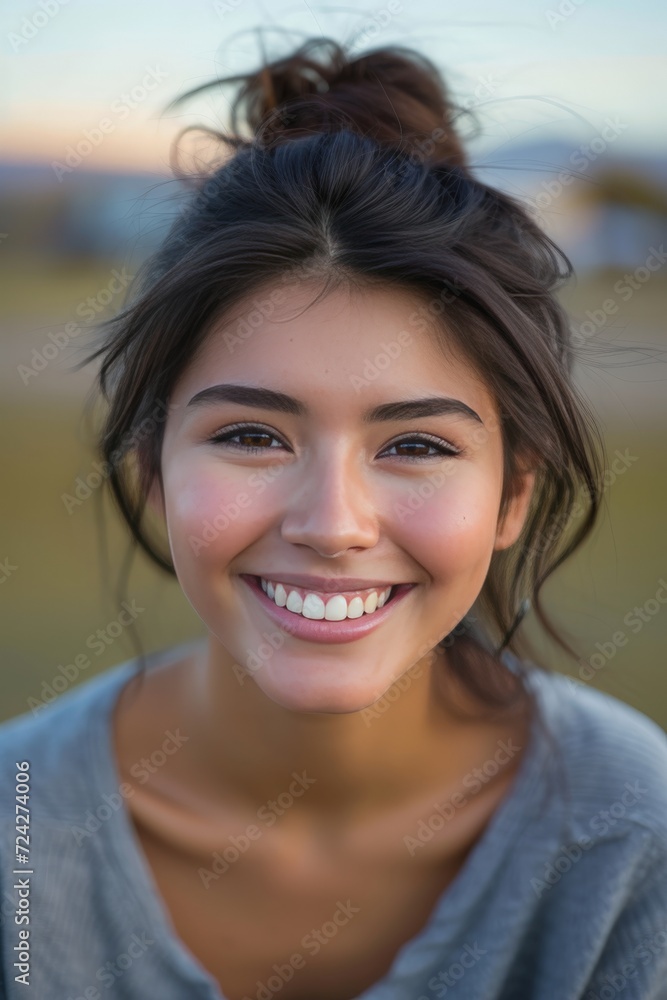portrait of a smiling girl in her twenties, with should length hair portrait of a smiling girl in her twenties, with should length hair
