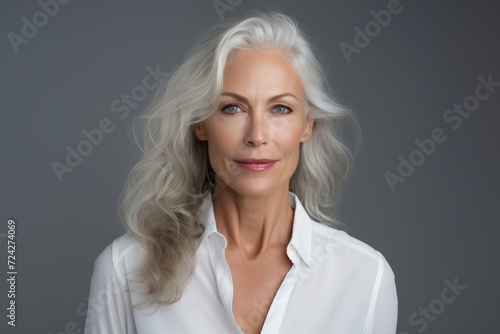 Portrait of beautiful mature woman with grey hair, over grey background