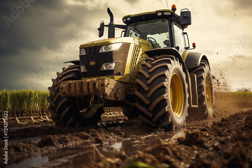 Tractor in a field. Farm. Agriculture. Harvest in a field. Agricultural professions. Peasant world. Harvest period. 