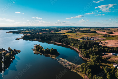 aerial view of a landscape with lake in europe