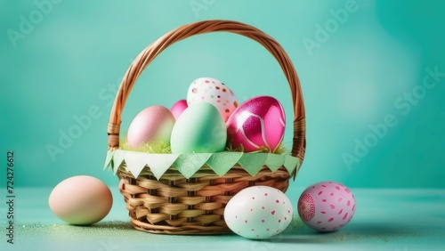 Easter colorful eggs in a wicker basket on a green background.Happy Easter.