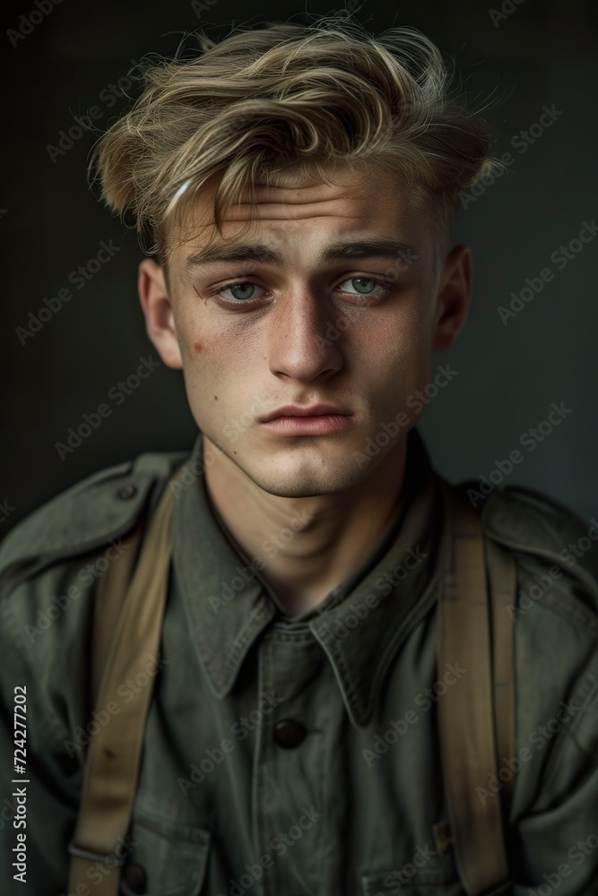 Portrait of a sad young German man during the Second World War. Young German man with short hair in 40s in office attire in sad and gloomy atmosphere. Portrait of a sad young German man during the Second World War. Young German man with short hair in 40s in office attire in sad and gloomy atmosphere.