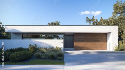 garage door in the center of the frame so that symmetry gives a modern aesthetic and creates a balanced and realistic composition.